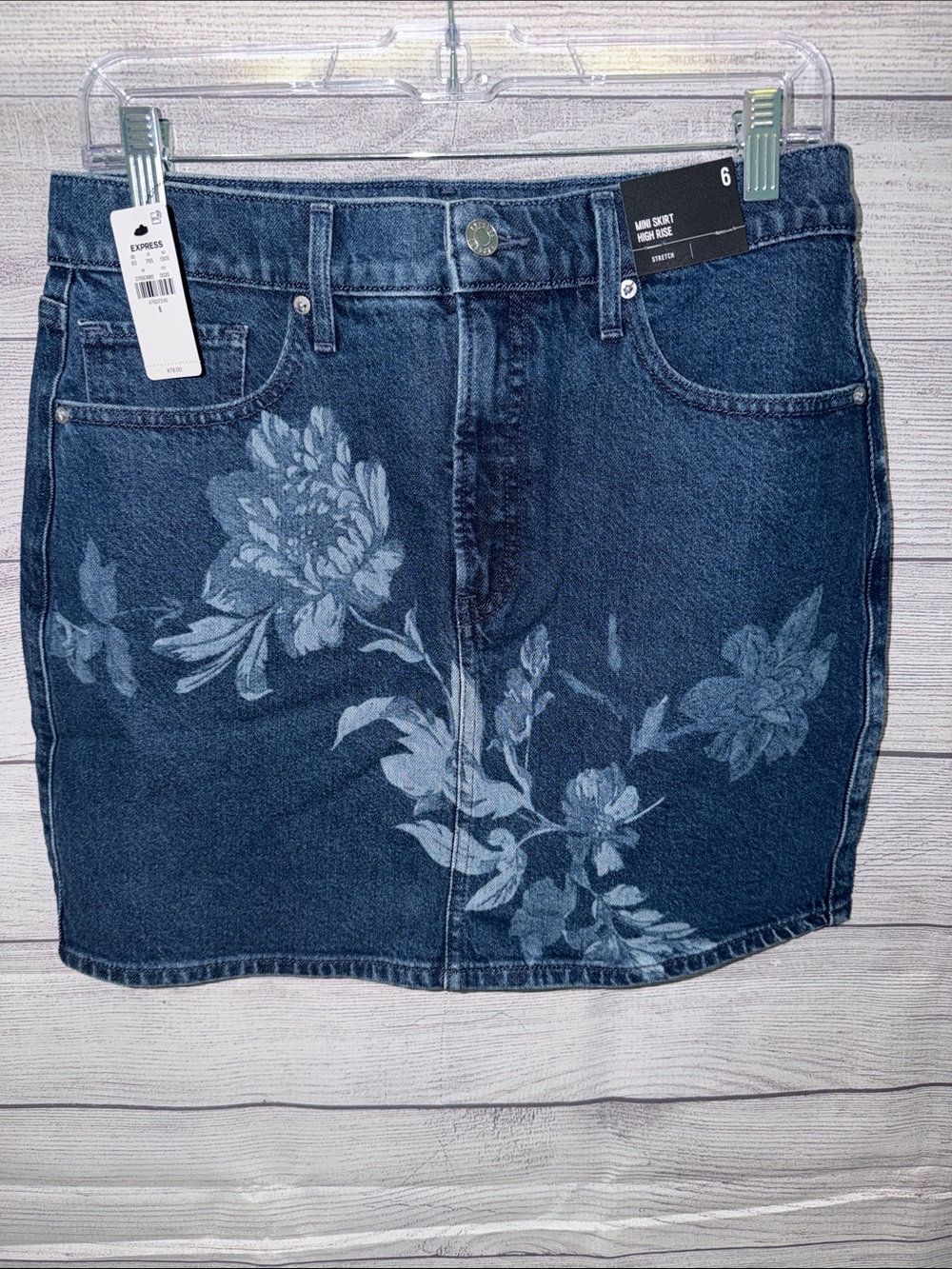 Express Dark Blue Denim Mini Skirt with Floral Bleach Print